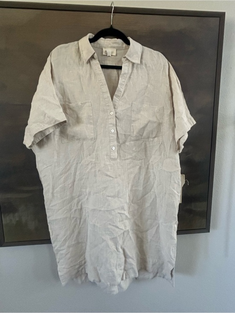NWT a.REN 100% Linen Button Placket Shirt Dress in Light Beige